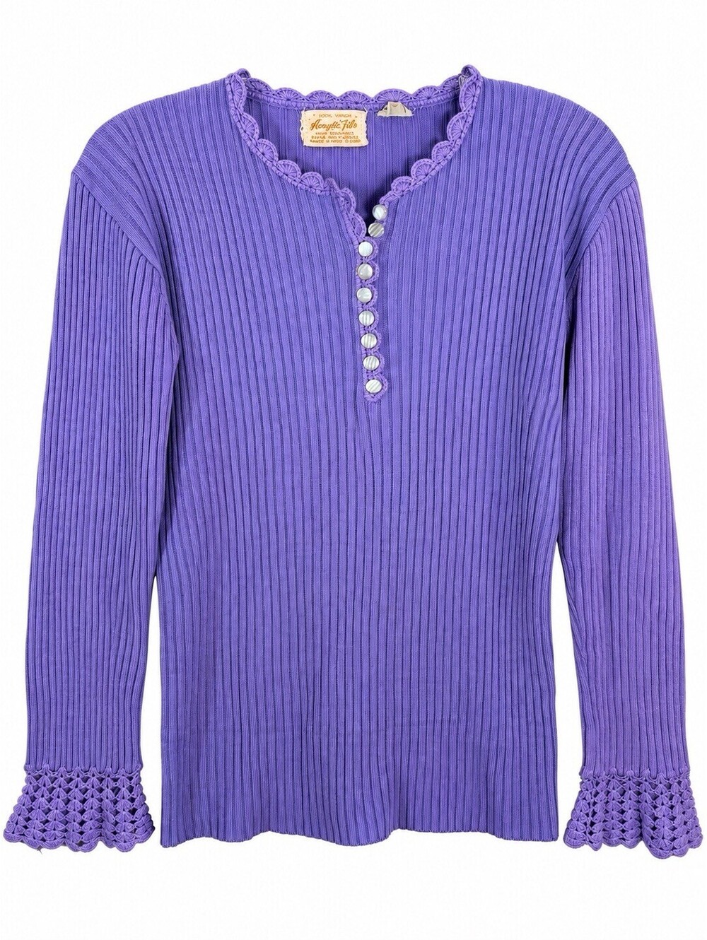 Vtg 60s 70s Purple Rib Knit Sweater Womens S Crochet Cuff Henley Hong Kong